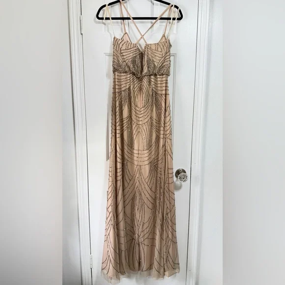 Adrianna Papell Beaded Mesh Blouson Dress Sz 6 Taupe pink formal maxi Gown - Picture 5 of 8
